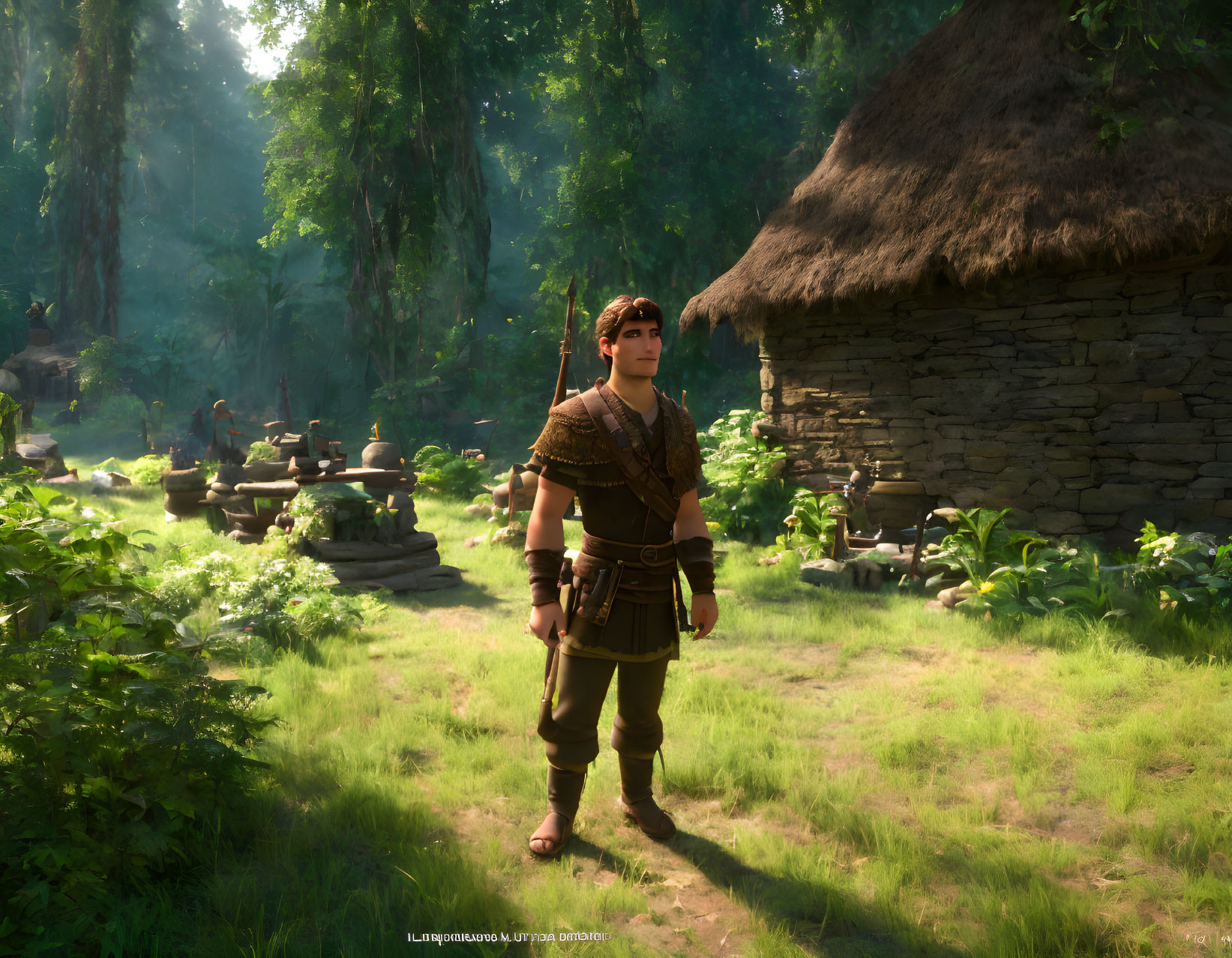 Young man with slingshot in sunlit forest clearing near stone hut