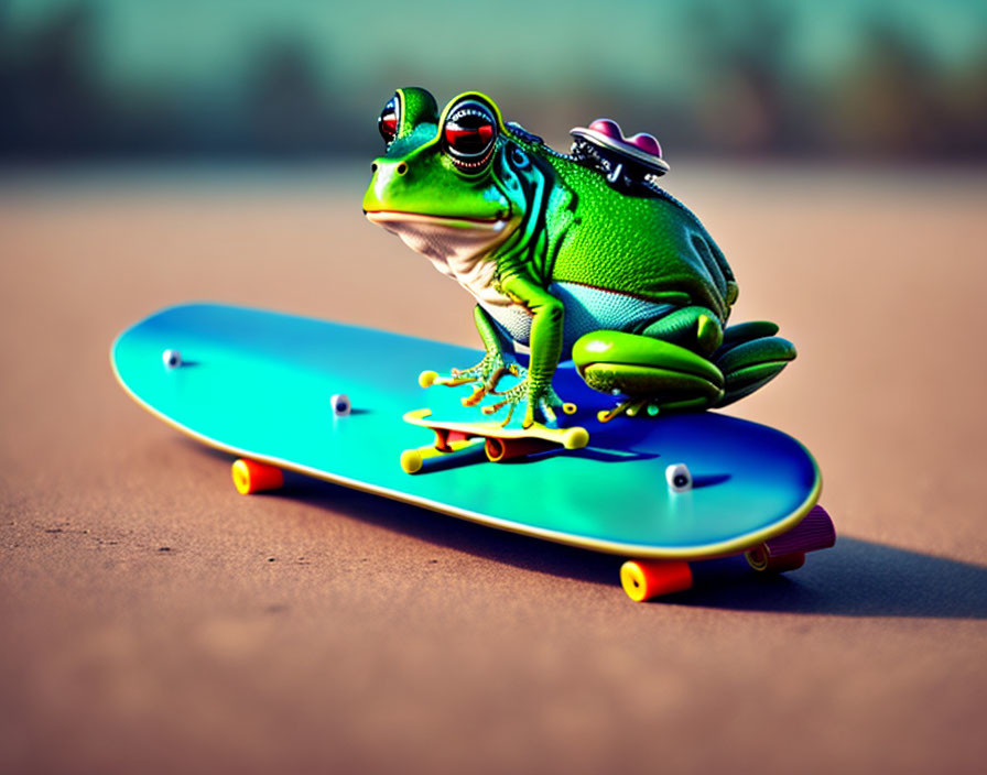 Colorful Frog with Red Sunglasses Skateboarding on Blue Board