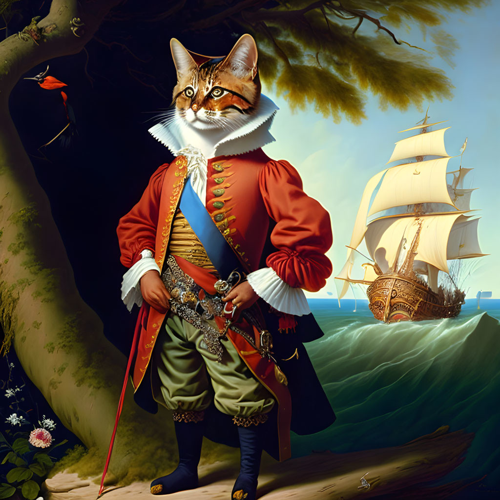 Cat with human body dressed as 17th-century naval officer by the sea