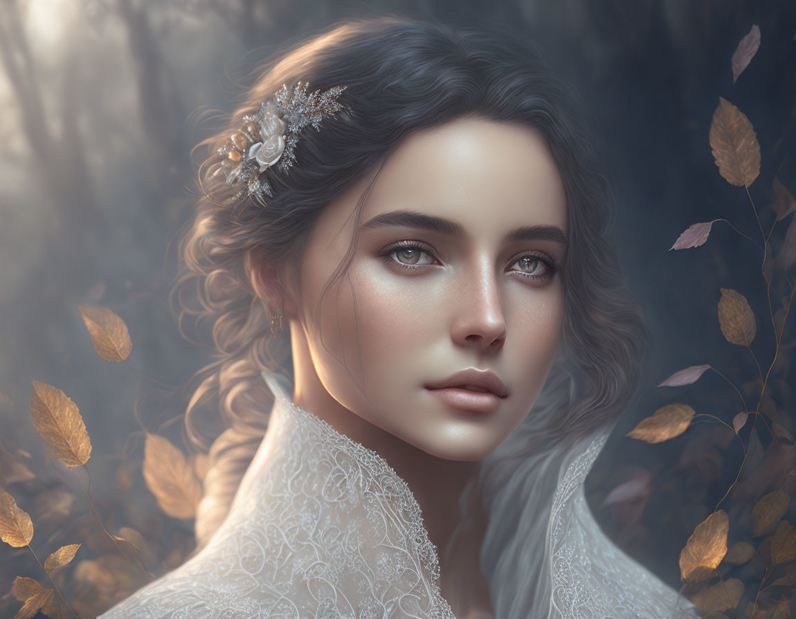 Detailed digital artwork of a woman in misty forest with golden leaves