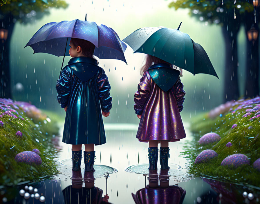 Children with umbrellas on rainy path amid lush greenery in moody lighting