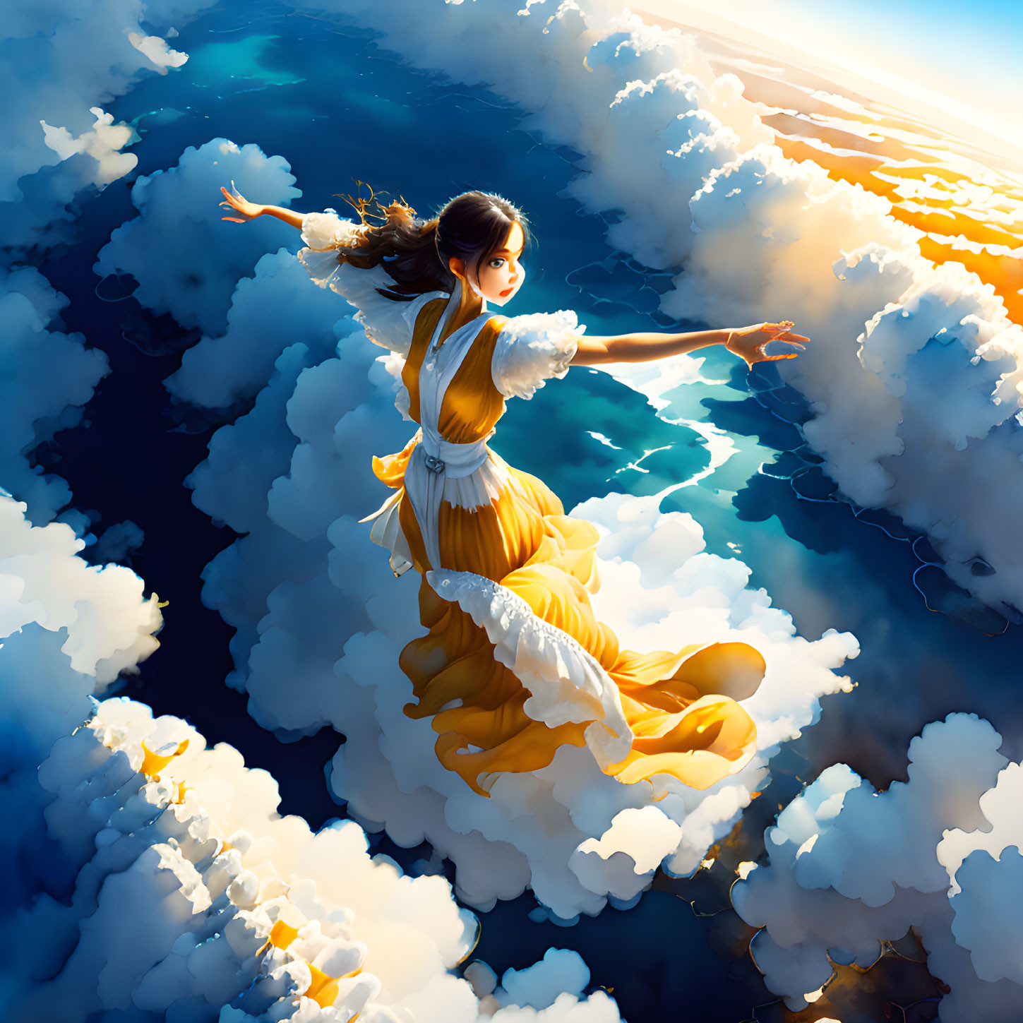 Woman in yellow dress on cloud reaching towards sunlit sea