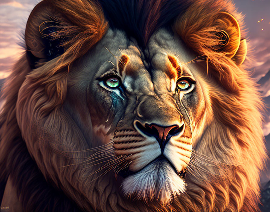 Detailed lion digital illustration with intense gaze at sunset.