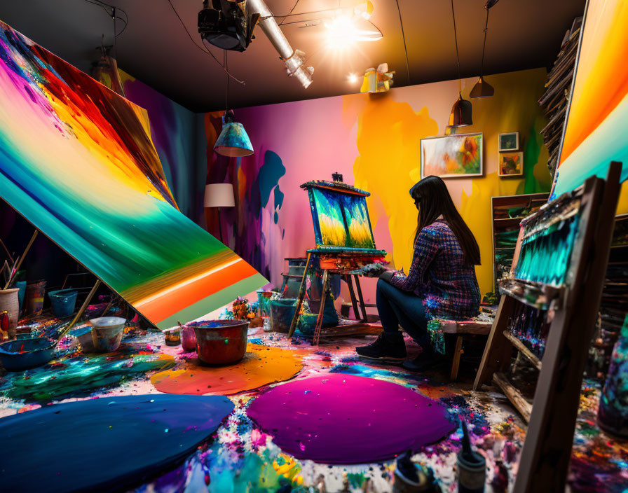 Artist Contemplating in Vibrant, Messy Art Studio