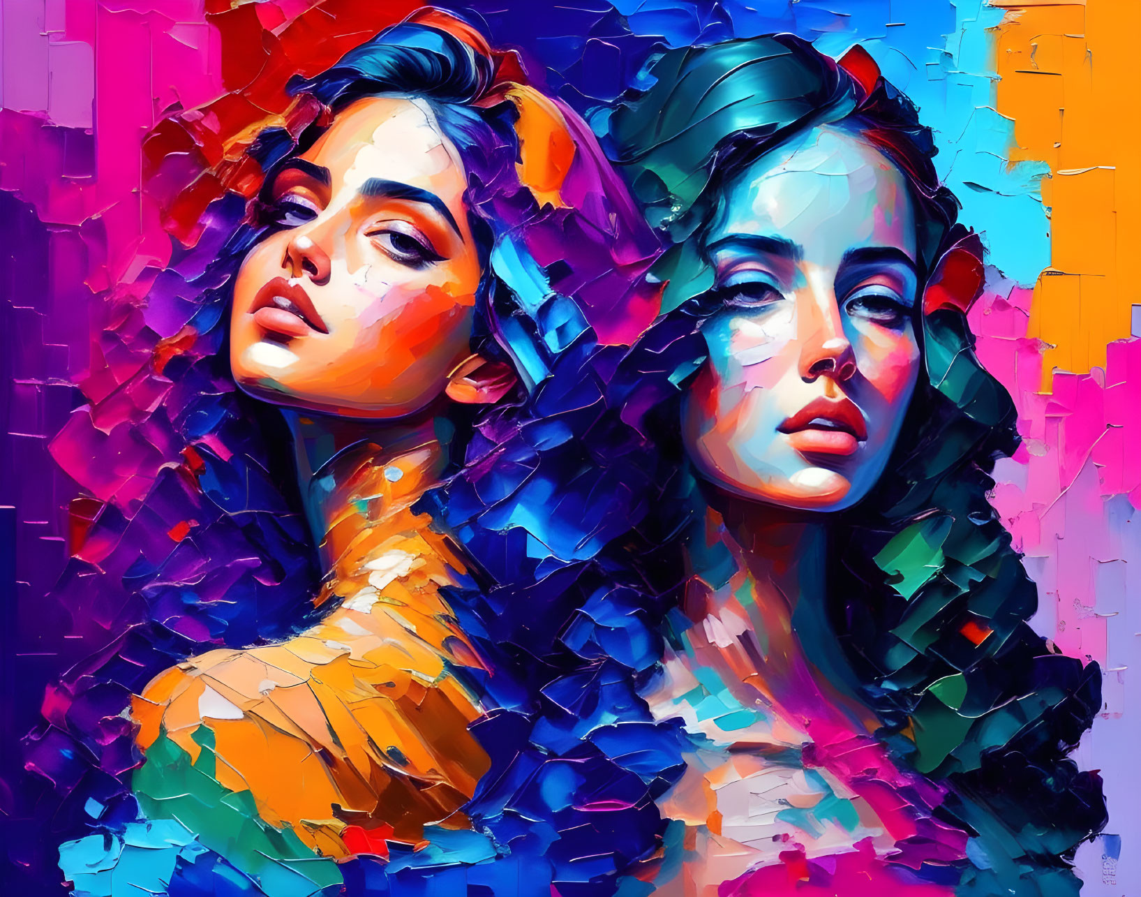 Colorful digital artwork: Two women with expressive gazes on shattered glass background