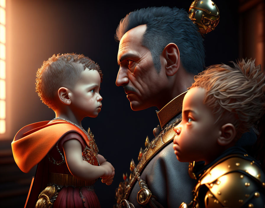 Digital artwork: Stern man in armor with two children under warm backlight