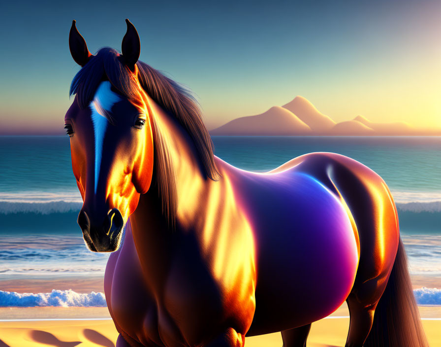 Majestic horse on beach at sunset with vibrant light and calm seas