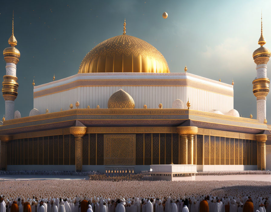 Ornate mosque with golden dome and minarets, worshippers under starry sky