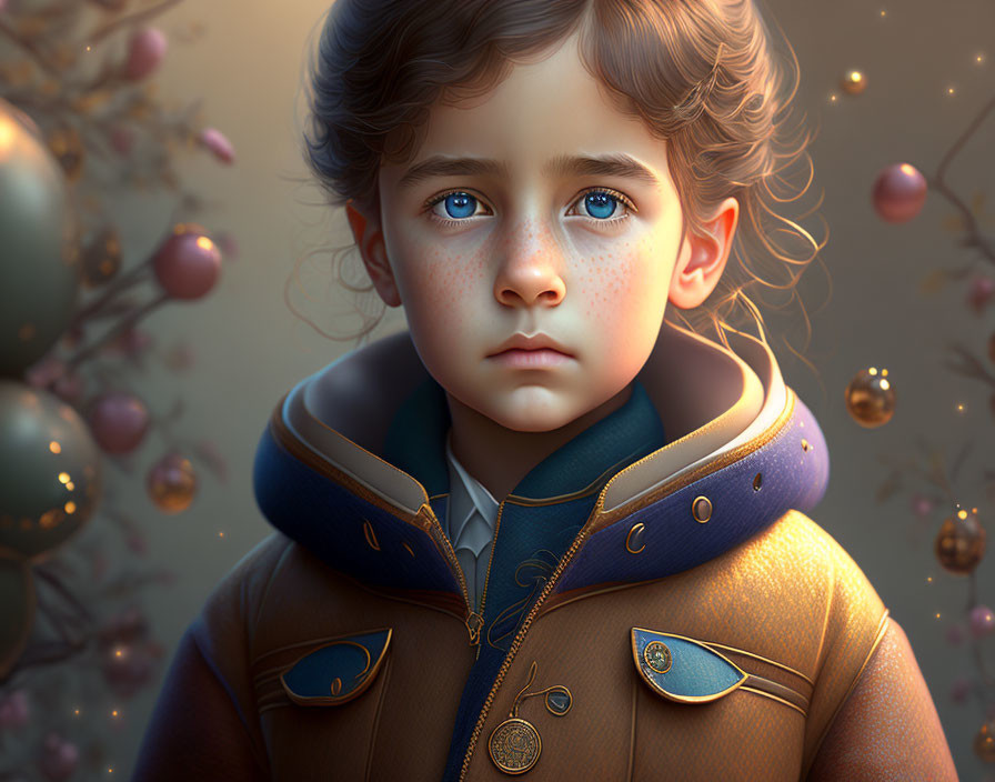 Young child with curly hair, freckles, and blue eyes in decorated coat amidst sparkling lights and