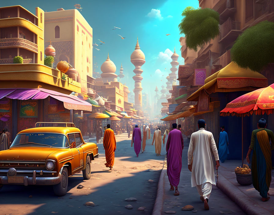 Middle Eastern animated street scene with traditional architecture, vintage car, and locals in traditional attire.