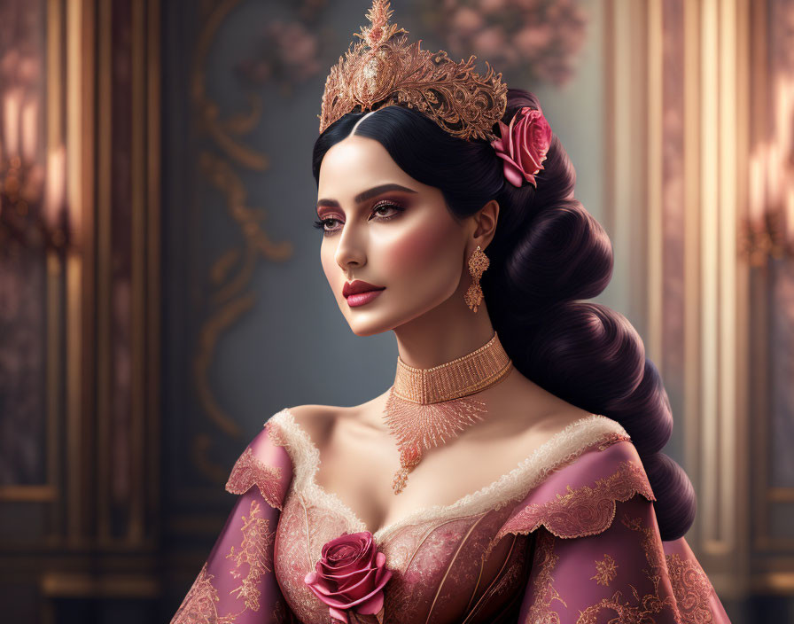 Regal woman in royal attire with crown and gold jewelry