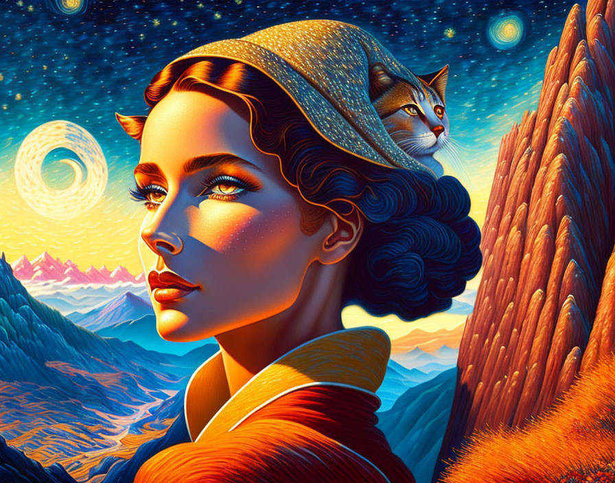 Stylized portrait of a woman with blue eyes and cat in surreal landscape