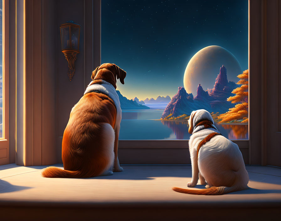 Two Dogs Admiring Fantasy Moonlit Landscape