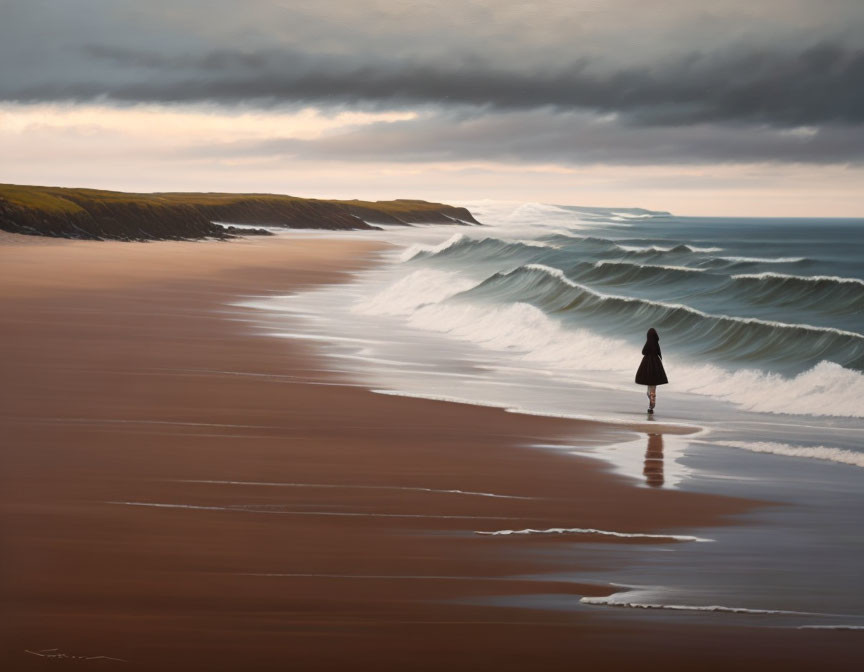 Solitary Figure on Vast Beach with Moody Sky