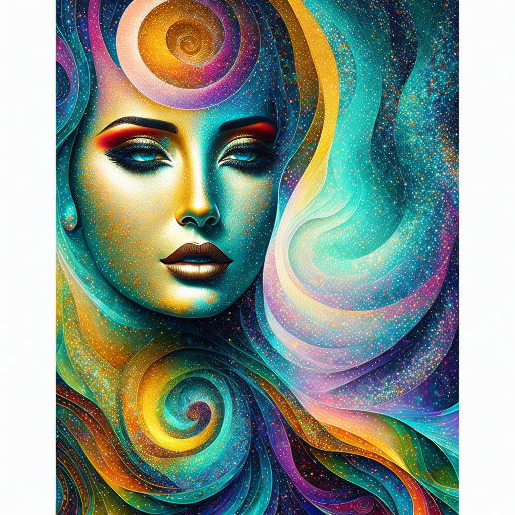 Colorful portrait of a woman with celestial and galaxy motifs integrated into hair and skin