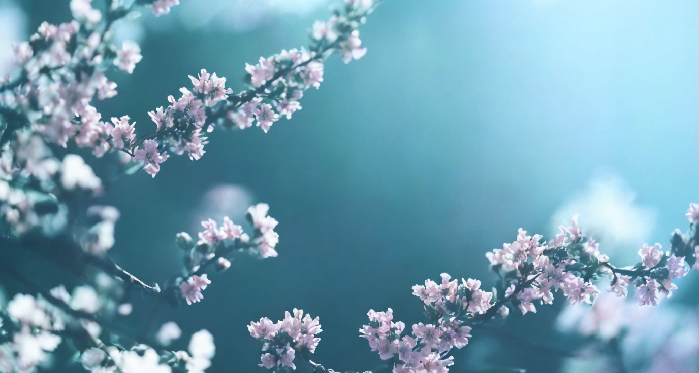 Pink Blossoms on Branches Against Dreamy Blue Background