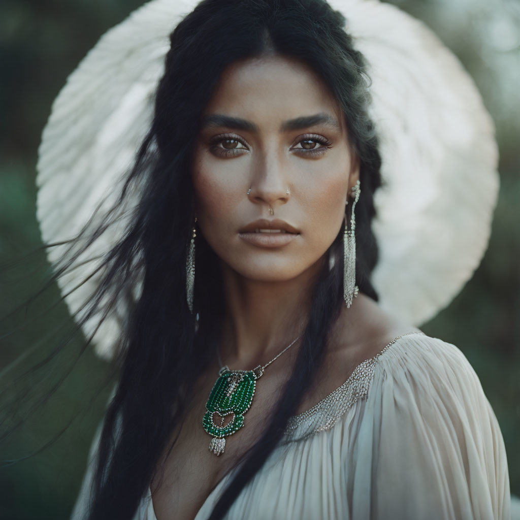 Dark-haired woman in green jewelry and light dress with blurred halo accessory.