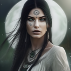 Dark-haired woman in green jewelry and light dress with blurred halo accessory.