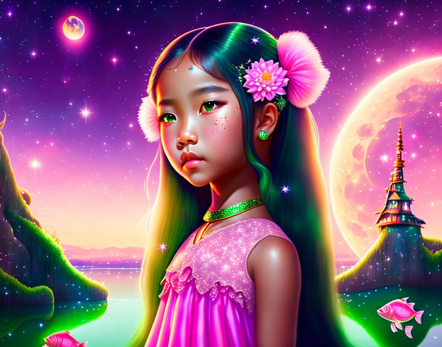 Fantasy landscape digital artwork with glowing girl and moon