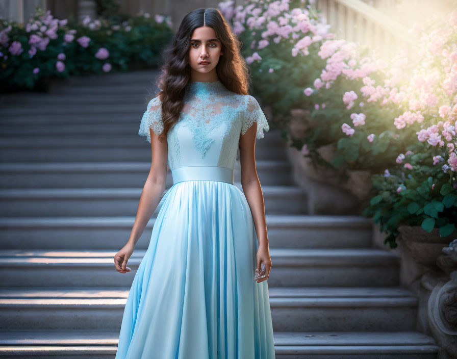 Woman in Blue Dress Surrounded by Pink Flowers on Stone Steps