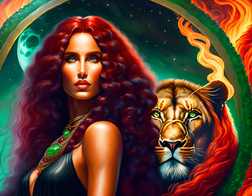 Illustration of woman with red hair and lion in cosmic scene