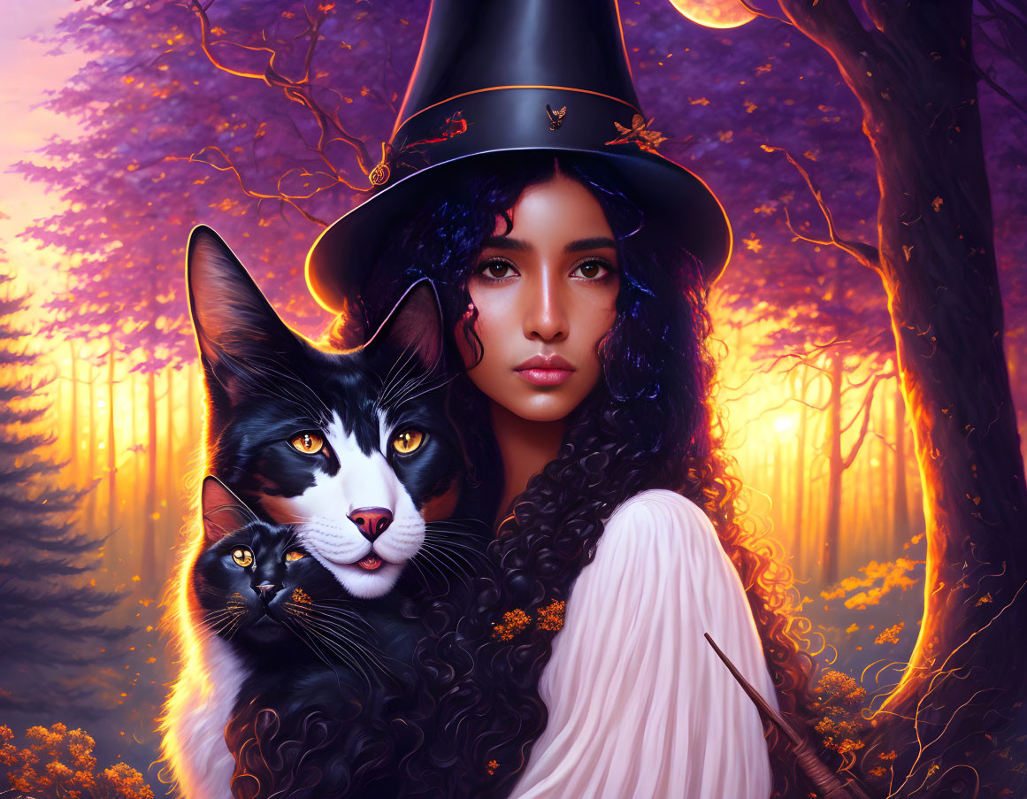 Dark Curly-Haired Woman in Witch Hat with Cat in Enchanted Forest