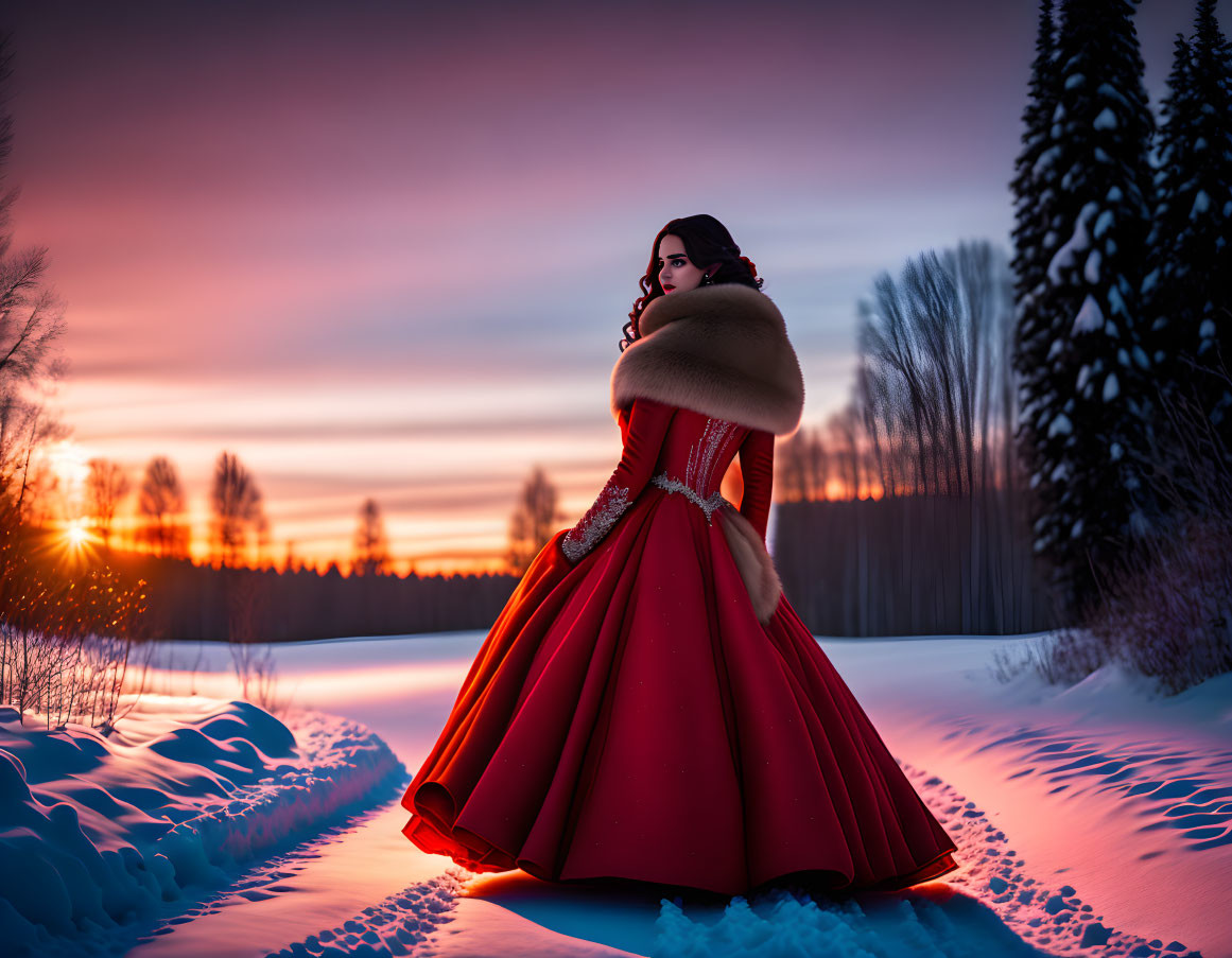 Woman in red gown with fur stole in snowy twilight landscape.