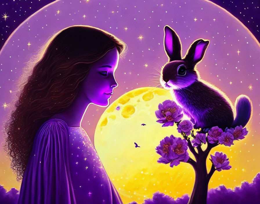 Profile of woman with rabbit under full moon in starry sky