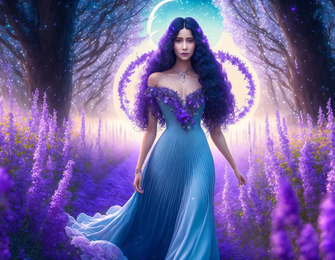 Mystical woman in blue gown surrounded by purple flower forest under glowing moon