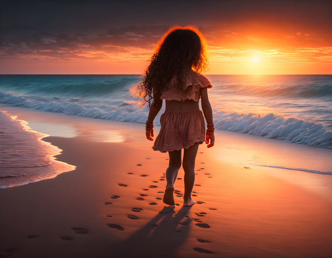 Curly-haired person on beach at sunset with footprints in sand