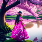 Woman in pink floral dress by lake under cherry blossoms with butterflies