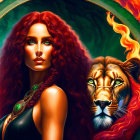 Illustration of woman with red hair and lion in cosmic scene