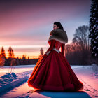 Woman in red gown with fur stole in snowy twilight landscape.