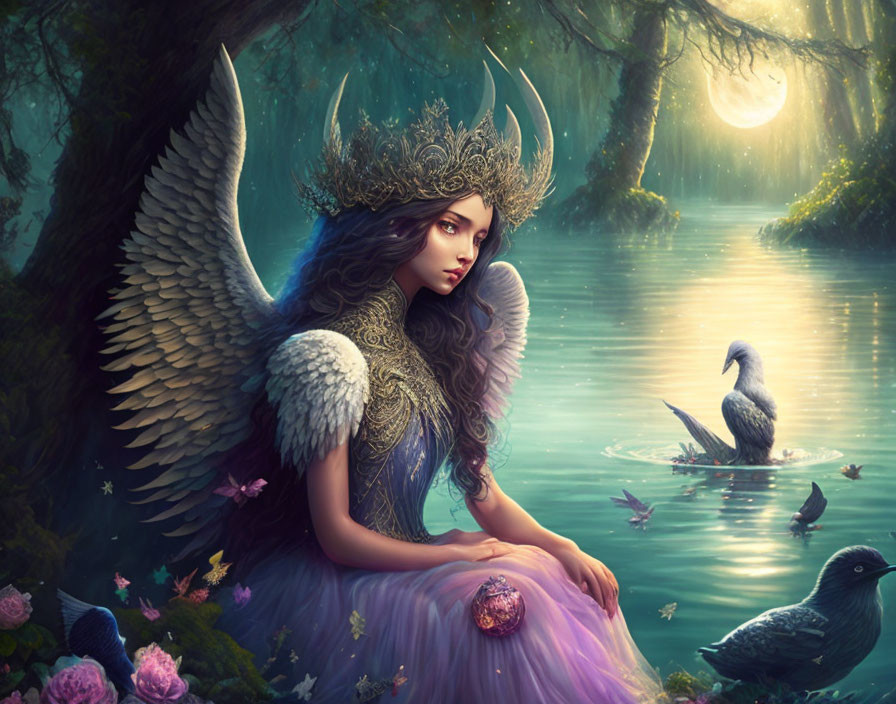 Mystical winged woman with ornate crown by serene lake surrounded by birds and flora