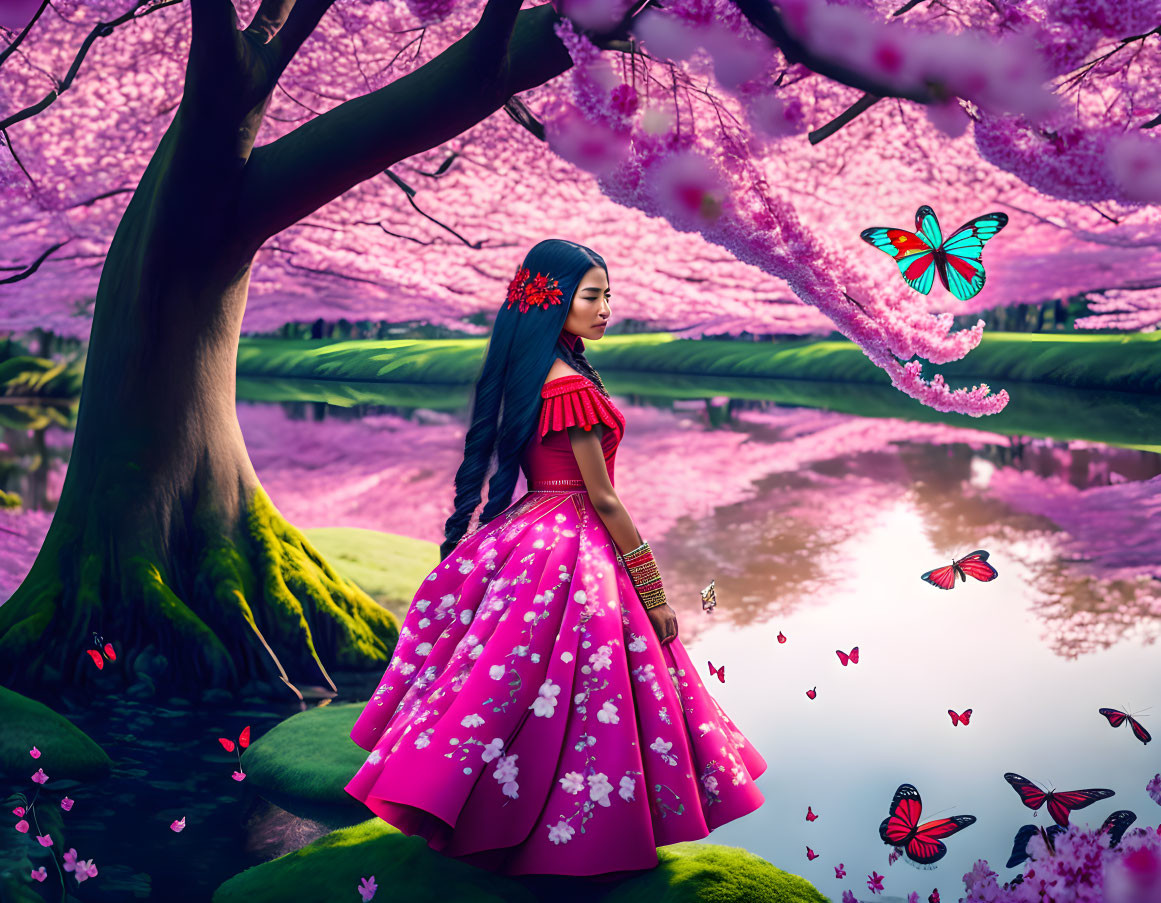 Woman in pink floral dress by lake under cherry blossoms with butterflies