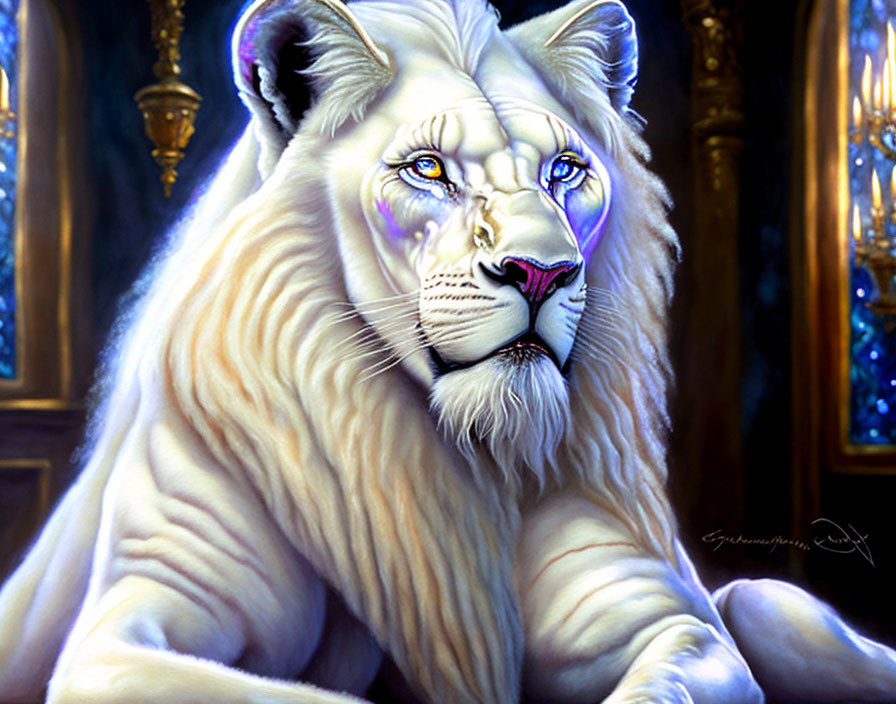 Majestic white lion with intense blue eyes on luxurious blue and golden background