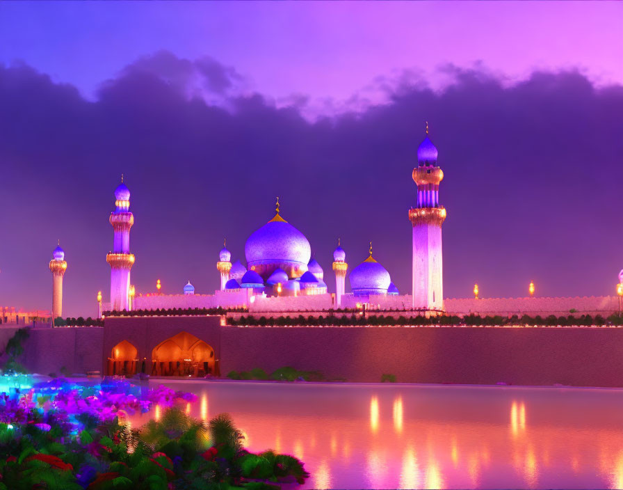 Blue-domed mosque with illuminated minarets reflected in water at dusk