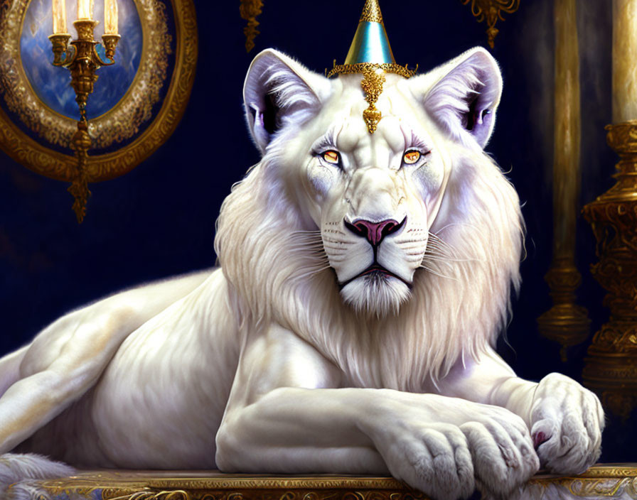 Majestic white lion with blue crystal crown under golden chandelier