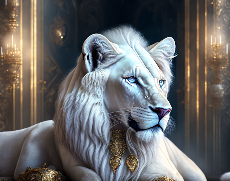 Regal white lion with gold jewelry on blue and gold backdrop