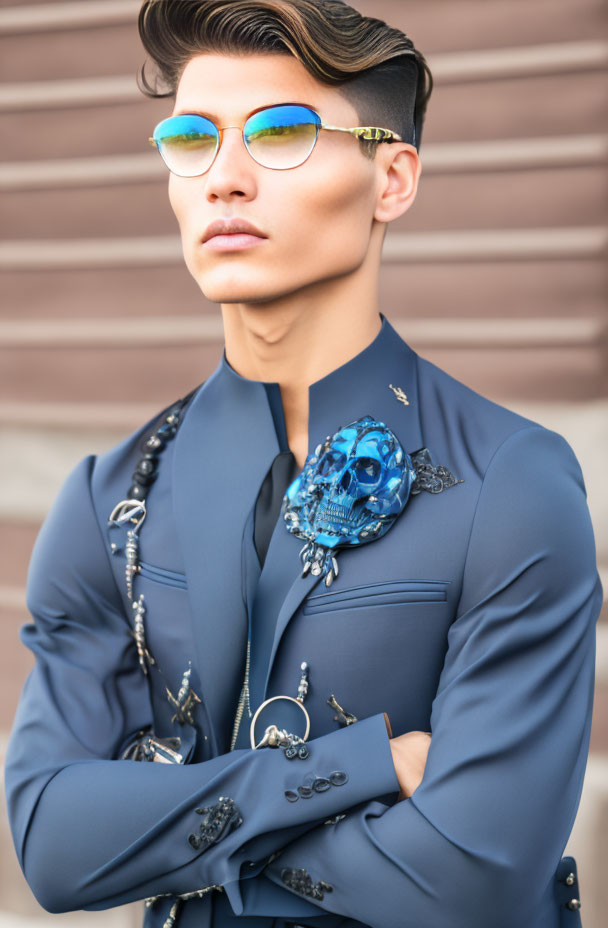 Stylish man in blue suit with skull accessory and reflective sunglasses