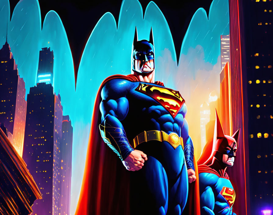 Superhero Batman and Superman in neon-lit city with bat signal.