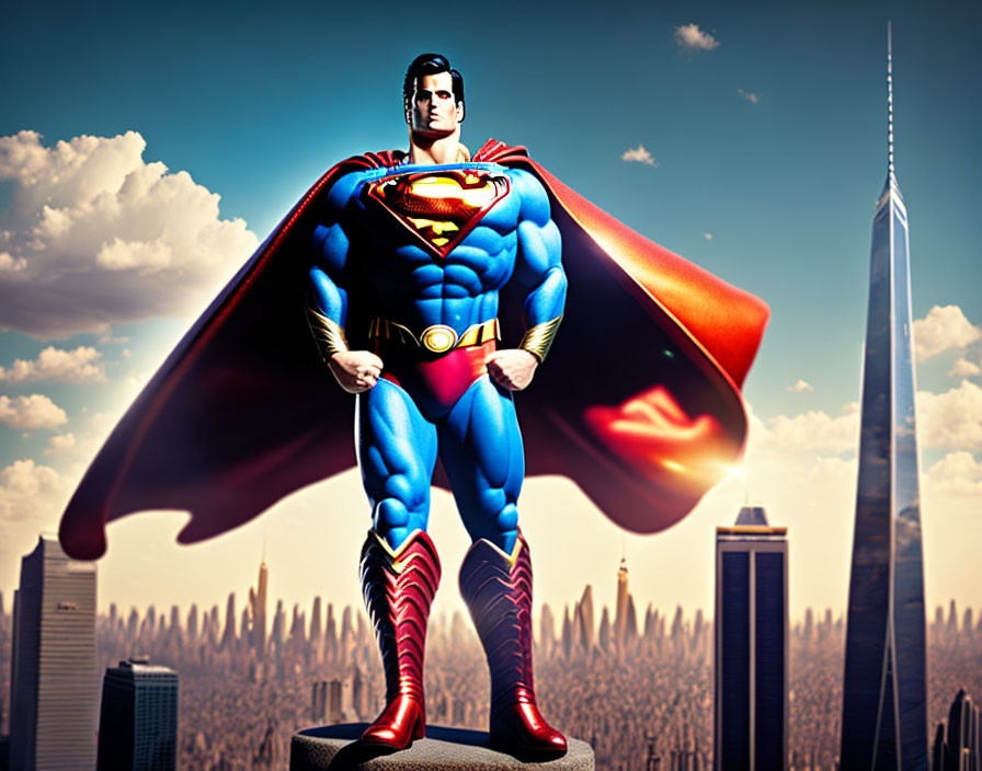 Superman confidently overlooks city skyline from building top