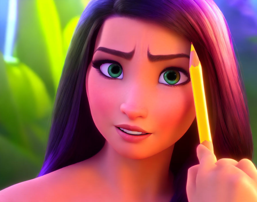 3D animated female character with green eyes holding a yellow pencil - Curious expression on purple background