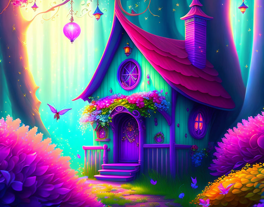 Fantastical cottage with purple door in lush, magical setting