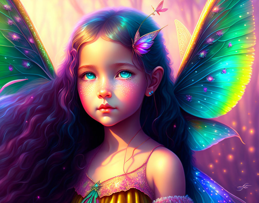 Digital artwork: Young girl with butterfly wings and luminescent butterfly