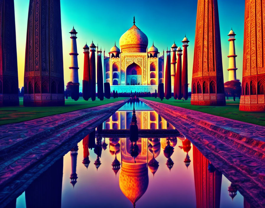 Majestic Taj Mahal at sunset with reflection and minarets under gradient sky