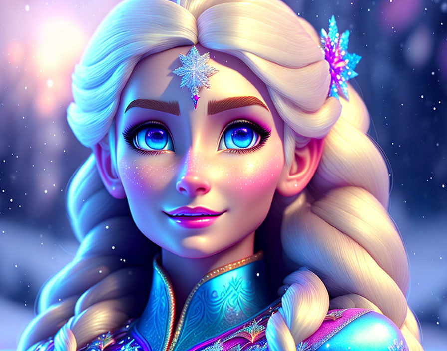 Platinum blonde braided female character in blue winter outfit