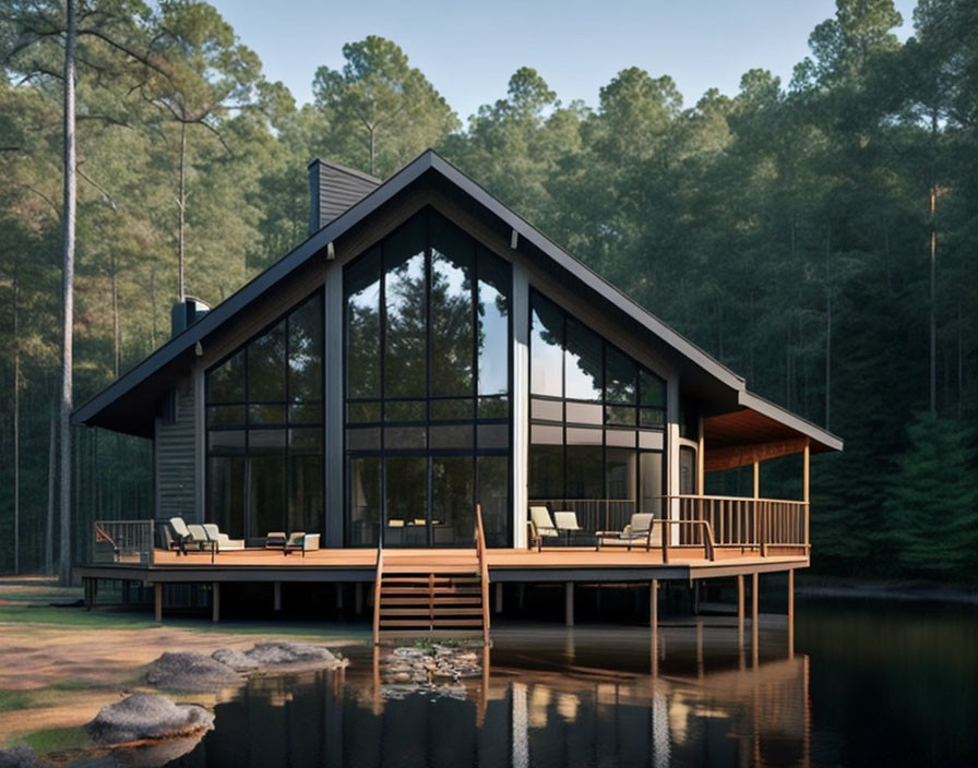 Modern A-Frame House with Large Windows and Deck by Tranquil Forest Lake