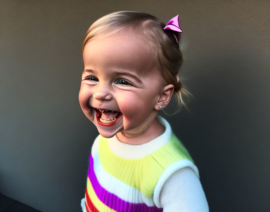 Cheerful toddler in colorful attire on gray backdrop