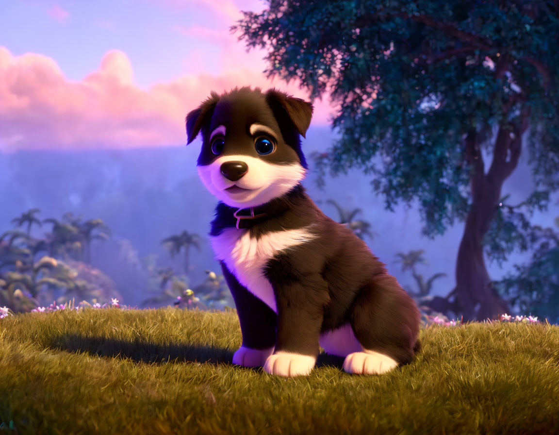 Black and white animated puppy with purple bow on grass under sunset clouds